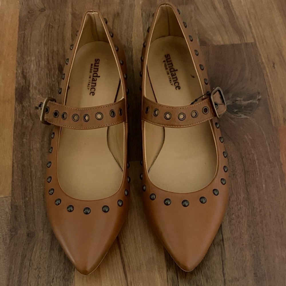 Sundance Gotham cognac leather Mary Jane Flats with Stud Accents